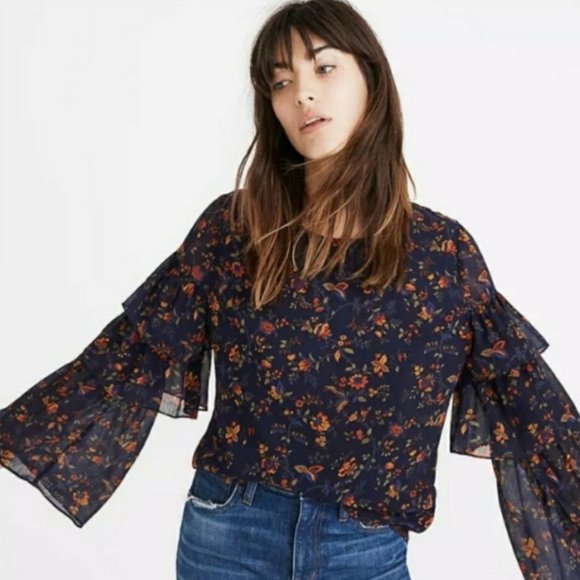 MADEWELL Ruffle Sleeve Moonless Blouse in Navy EUC sz M - Picture 7 of 9